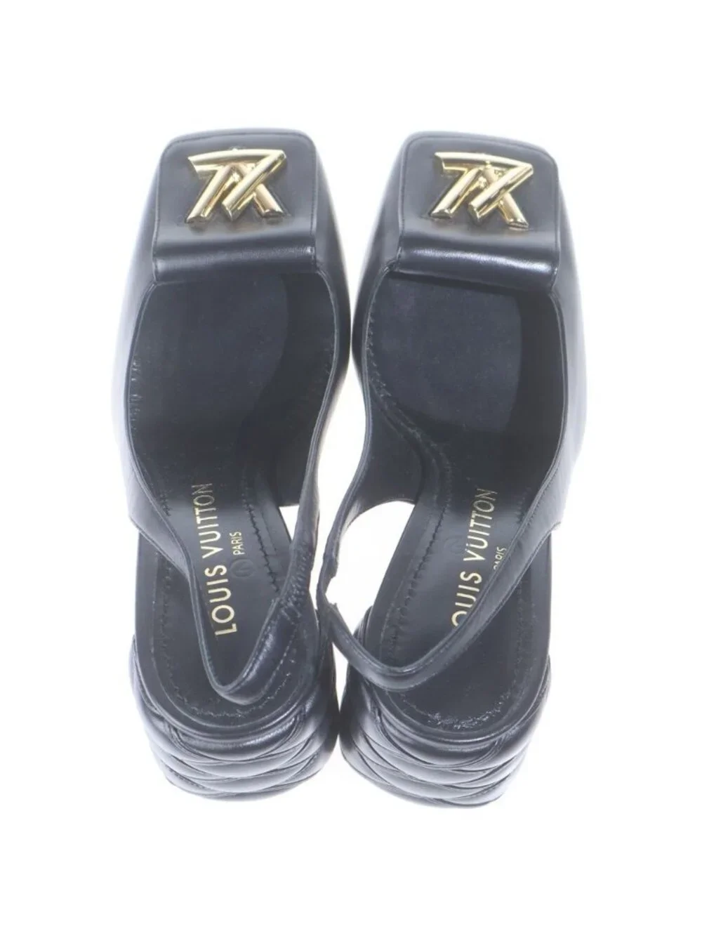 Louis Vuitton Shake Line LV Logo Leather Heels Sling Back Pumps Shoes Black
